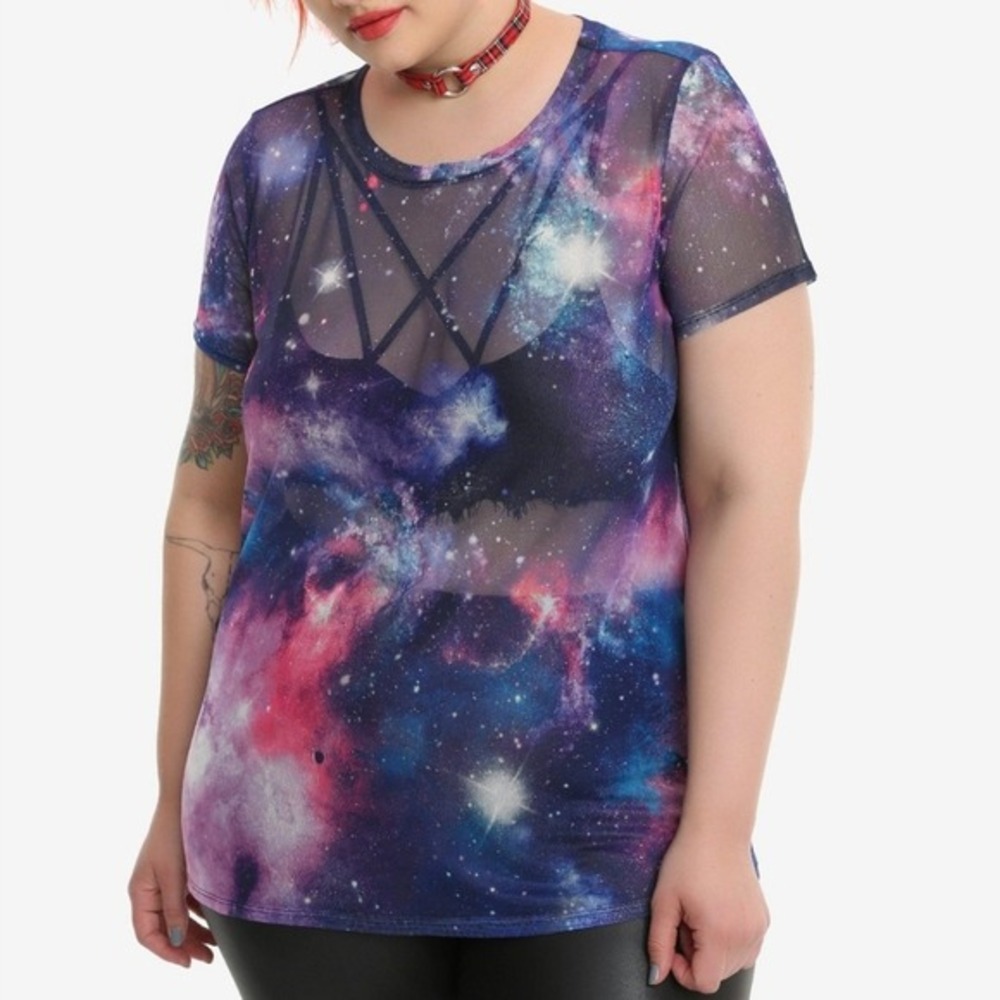 Midnight Hour Galaxy Mesh Top Medium Purple Pink Blue Sheer Nebula‎ Star Print